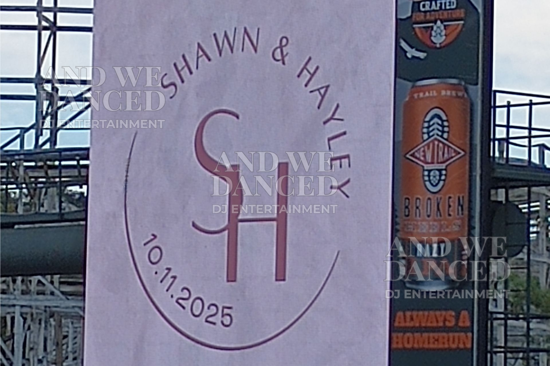 Wedding monogram displayed on the Altoona Curve stadium Jumbotron